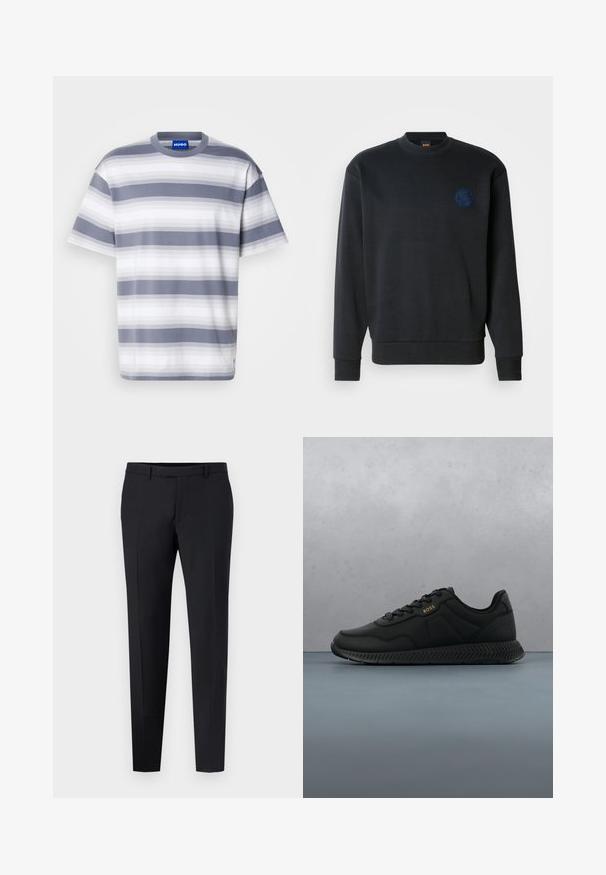 Schwarzer Pullover aus Baumwollmischgewebe. Mit Rundhalsausschnitt, langen Ärmeln, gerippten Bündchen und einem dunkelblauen, gestickten Logo auf der Brust.; Gestreiftes T-Shirt in Grau und Weiß, aus weicher Baumwolle gefertigt. Verfügt über einen Rundhalsausschnitt und kurze Ärmel. Dezentes Farbverlaufs-Muster auf dem Stoff.; Schwarze maßgeschneiderte Hose mit slim Fit, mit flacher Vorderseite, Gürtelschlaufen und ohne sichtbare Muster oder Akzente. Glatte Textur.; Schwarze Sportsneaker mit einem glatten Textil-Obermaterial, Gummisohle und subtiler geprägter Detailierung. Verfügt über ein Schnürdesign und minimalen Markenaufdruck.