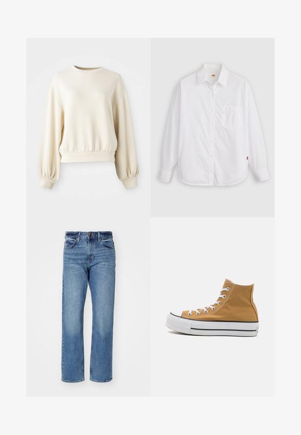 Sudadera color crema con cuello redondo, dobladillo acanalado y mangas de globo. Fabricada con una tela suave y ligera.; Camisa blanca de manga larga con botones, cuello y bolsillo en el pecho izquierdo, mostrada plana sobre un fondo claro.; Vaqueros de pierna recta en azul claro, hechos de mezclilla. Cuentan con cinco bolsillos, un cierre clásico con botón y un ligero desgaste en toda la tela.; Zapatillas de lona de caña alta en color mostaza con puntera y suela de goma blanca, que presentan una franja negra y ojales de metal plateado.