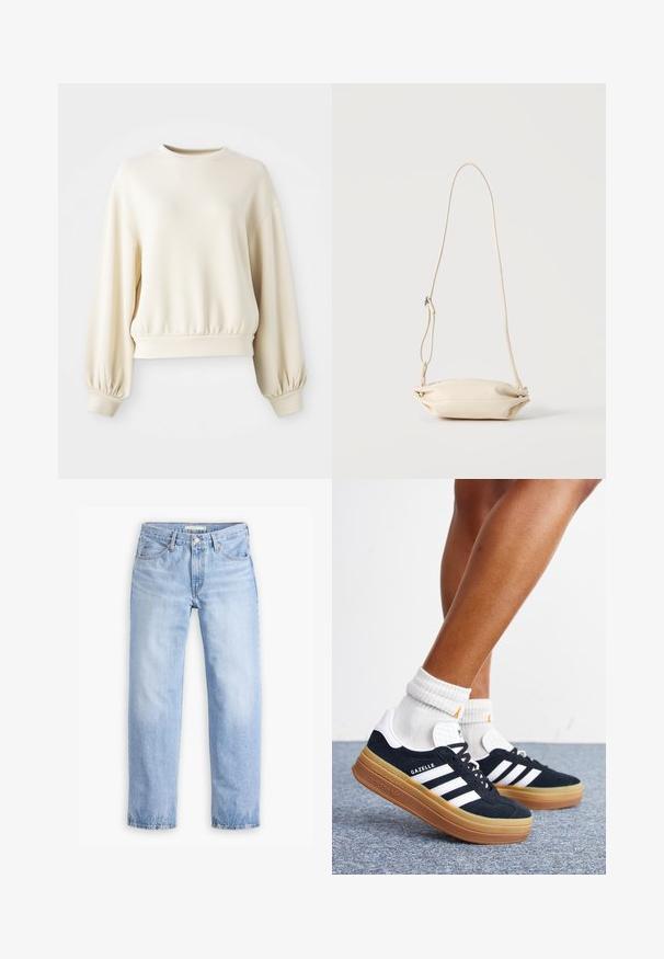 Creme kleurig sweatshirt met een ronde hals, geribbelde zoom en ballonmouwen. Gemaakt van een gladde, lichte stof.; Lichtblauwe denim jeans met een rechte pijp, vijf zakken en een middelhoge taille. Heeft een vervaagde textuur en een gestikte zoom.; Ben met witte sokken en zwarte Adidas Gazelle sneakers met witte strepen en dikke bruine zolen op een grijs tapijt.; Kleine beige leren crossbody tas met verstelbare riem, getoond tegen een effen lichte achtergrond.