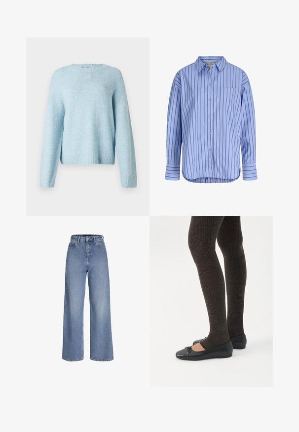 Lyseblå strikket sweater med rund halsudskæring, lange ærmer og ribbede manchetter. Blød tekstur og afslappet pasform.; Lyseblå langærmet skjorte med knapper, tynde lodrette sorte striber, spidst krave, brystlomme og knapper ved manchetterne.; Højtaljede lyseblå cowboybukser med vide ben, foran knap- og lynlåslukning samt fem-lomme-design.; Ben iført mørke ribbede leggings kombineret med sorte balletsko med små sløjfedetaljer på hvid baggrund.