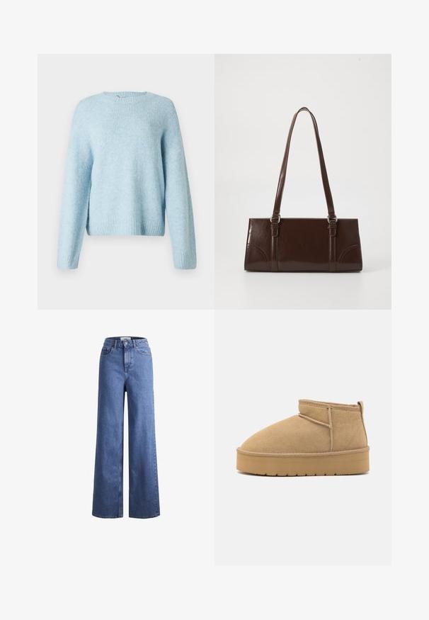 Lichtblauwe gebreide trui met een ronde halslijn, lange mouwen en geribde manchetten. Zachte textuur en een relaxte pasvorm.; Lichtblauwe denim wijde jeans met een hoge taille, twee voorzakken en zichtbare stiksels. Voorzien van een knoop- en ritssluiting.; Beige suède enkellaarzen met een ronde neus, minimale stiksels en een lichtbruine rubberen zool met een getextureerd patroon.; Bruine lakleren handtas met een rechthoekige vorm, twee lange handvatten en subtiele gebogen accenten aan de voorkant.