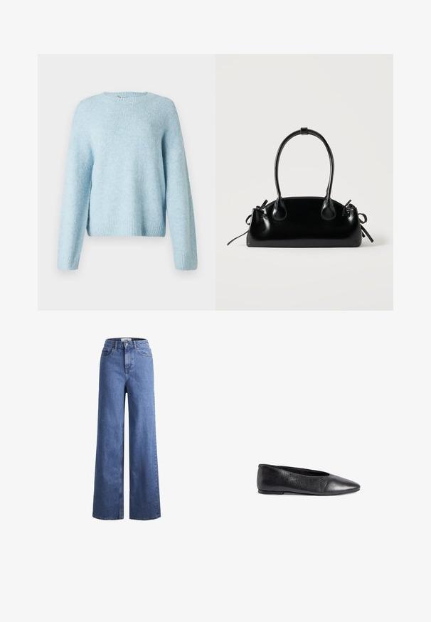 Lyseblå strikket sweater med rund halsudskæring, lange ærmer og ribbede manchetter. Blød tekstur og afslappet pasform.; Lyseblå denim brede bukser med høj talje, to frontlommer og synlige stikninger. Har en knap- og lynlåslukning.; Sort læderballetsko med spids tå, glat tekstur, minimalistisk design og en svag hæl for stabilitet.; Lille sort blank håndtaske med to lange håndtag og snøre-detaljer i siden på en ensfarvet lys baggrund.