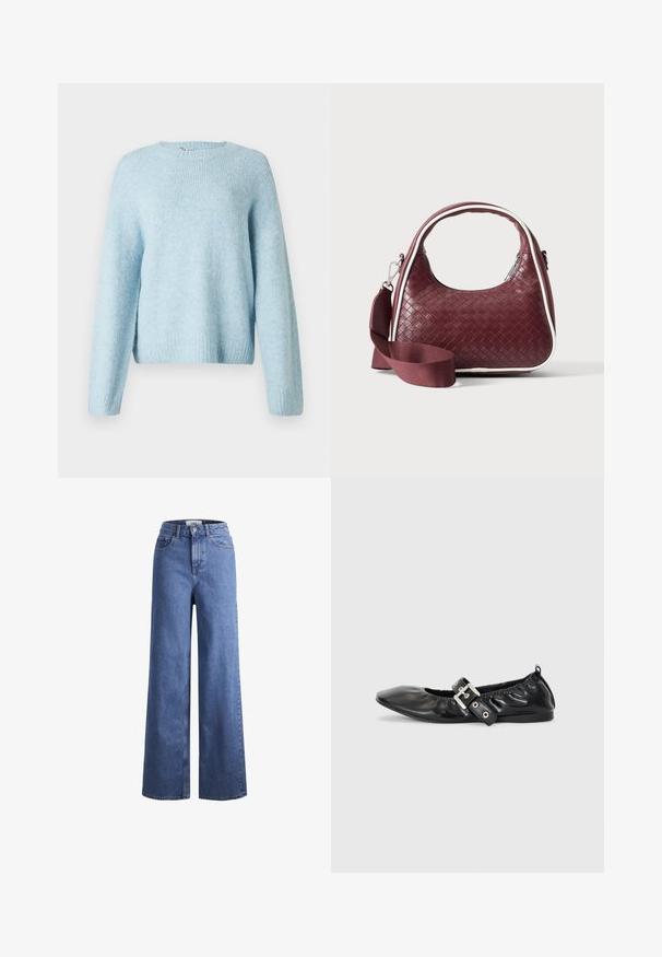 Lichtblauwe gebreide trui met een ronde halslijn, lange mouwen en geribde manchetten. Zachte textuur en een relaxte pasvorm.; Lichtblauwe denim wijde jeans met een hoge taille, twee voorzakken en zichtbare stiksels. Voorzien van een knoop- en ritssluiting.; Zwarte leren platte schoen met een spitse neus, geplooide details rond de opening en een zilveren gespaccentueerde verstelbare band.; Donkerrode geweven leren handtas met gebogen handvat, witte bies, zilveren rits en afneembare brede stoffen schouderriem tegen een effen achtergrond.
