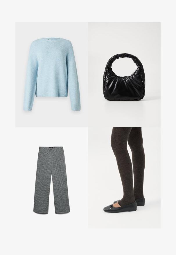 Lyseblå strikket sweater med rund halsudskæring, lange ærmer og ribbede manchetter. Blød tekstur og afslappet pasform.; Bukser med vide ben i et tekstureret gråt strikket stof. Har en høj talje og lige ben, hvilket giver en afslappet pasform hele vejen.; Ben iført mørke ribbede leggings kombineret med sorte balletsko med små sløjfedetaljer på hvid baggrund.; Sort polstret håndtaske med et rundt håndtag, der har en glat, skinnende overflade og en blød, kviltet tekstur. Ingen synlige hardware eller accenter.