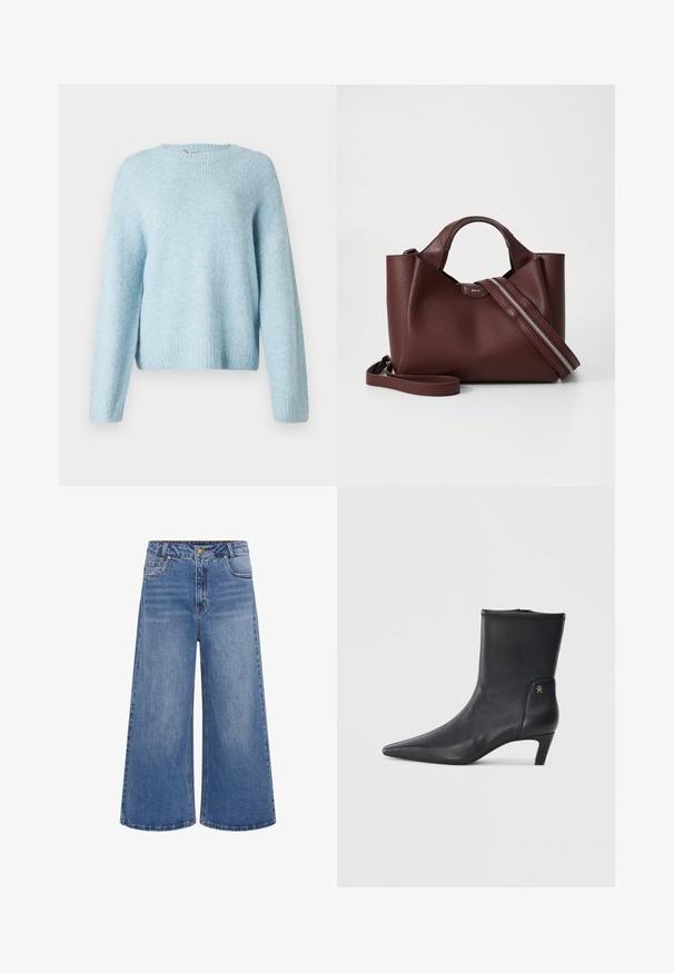 Helles blaues Strickpullover mit rundem Halsausschnitt, langen Ärmeln und gerippten Bündchen. Weiche Struktur und lässige Passform.; Weite blaue Denim-Jeans mit hoher Taille, ausgestattet mit einem Knopfverschluss, fünf Taschen und dezenten Auswaschungen. Gekettelter Saum mit klassischem Design.; Schwarze Leder-Stiefeletten mit spitzem Zehenbereich und niedrigem Absatz. Sie haben eine glatte Textur und ein kleines goldenes Logo-Detail an der Seite.; Burgunderfarbene Lederhandtasche mit strukturierter Oberfläche, zwei kurzen Griffen und einem abnehmbaren Schulterriemen mit einem silbernen Reißverschlussdetail.
