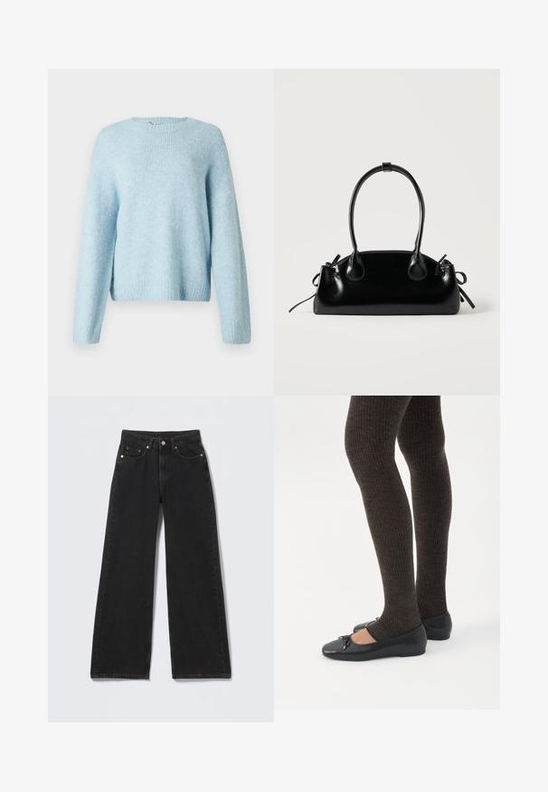 Lyseblå strikket sweater med rund halsudskæring, lange ærmer og ribbede manchetter. Blød tekstur og afslappet pasform.; Sorte højttaljede bredbenede jeans med knap- og lynlåslukning foran, bæltestropper og fem forlommer på en lys baggrund.; Ben iført mørke ribbede leggings kombineret med sorte balletsko med små sløjfedetaljer på hvid baggrund.; Lille sort blank håndtaske med to lange håndtag og snøre-detaljer i siden på en ensfarvet lys baggrund.
