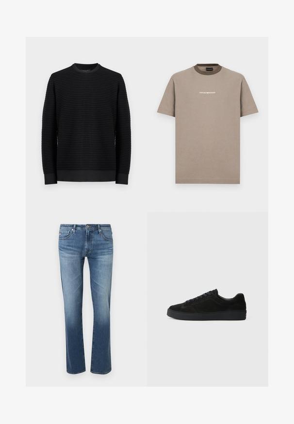 Pull noir à manches longues avec col ras du cou, texture côtelée horizontale et poignets ajustés, présenté sur un fond gris clair uni.; T-shirt en coton marron avec manches courtes et col rond. Présente un col marron foncé contrastant et un logo "EMPORIO ARMANI" blanc.; Jean bleu délavé pour homme, coupe droite, avec fermeture à boutons et zip à l'avant, poches avant et arrière, présenté sur fond blanc.; Basket en suède noire avec une semelle plate et texturée, un bout rond, six œillets pour les lacets et un design minimaliste.