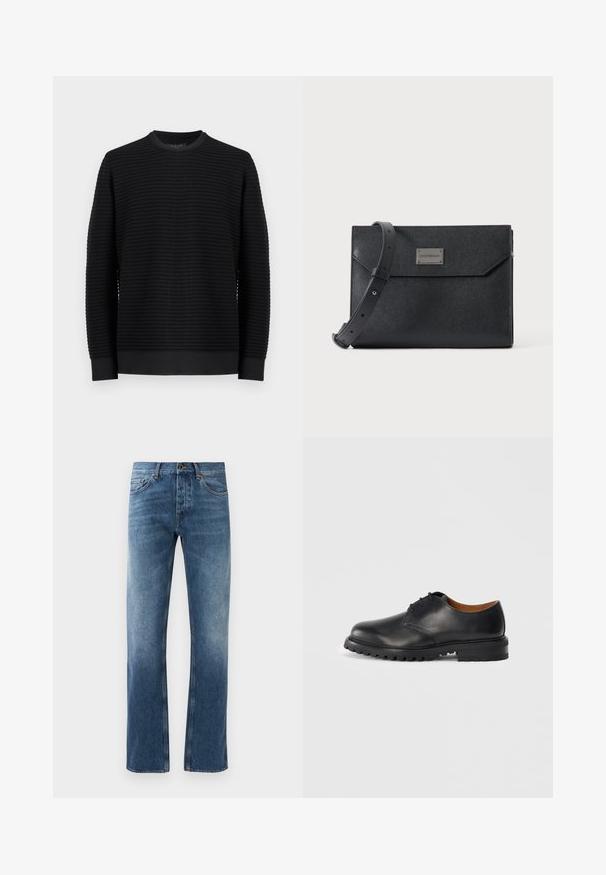 Sort langærmet crewneck-trøje med vandret ribbet struktur og tætsiddende manchetter, vist på ensartet lys grå baggrund.; Blå denim jeans med lige ben design, falmede vask, fem lommer og kontrastsyning. Knap- og lynlås-lukning i taljen.; Sorte læderdressko med rund tå, snørredesign og struktureret gummisål. Har kontrastsyning og brunt indre for.; Sort struktureret læder crossbody taske med justerbar rem og metal logo plade foran, rektangulært konvolutlåg.