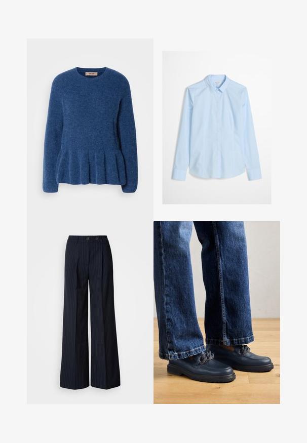 Jersey azul de punto con cuello redondo, mangas largas y dobladillo acampanado. Confeccionado con una suave tela texturizada y un diseño informal.; Camisa de botones azul claro con mangas largas, cuello clásico y un logo sutil bordado en el pecho. Tejido liso y impecable.; Pantalones de pierna ancha a rayas marino con dos botones frontales, diseño ajustado, pliegue en la parte delantera y una textura suave.; Zapatos de cuero azul marino con suela gruesa y detalle de cadena en la parte superior, combinados con unos vaqueros de mezclilla oscura de corte holgado.