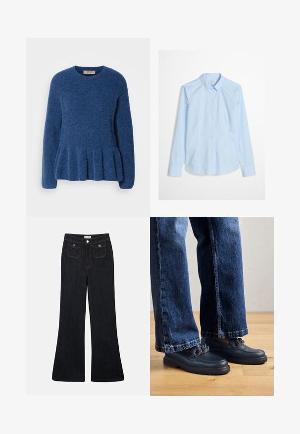 Blå strikket sweater med rund hals, lange ærmer og en udskåret kant. Fremstillet af blødt, tekstureret stof med et afslappet design.; Lyseblå skjorte med knapper og lange ærmer, klassisk krave og et subtilt logo broderet på brystet. Glat, skarpt stoftekstur.; Sorte denim jeans med høj talje, flared ben, to frontlommer og orange syninger. Materialet ser solidt og glat ud.; Mørkeblå lædersko med en kraftig sål og kæde detalje på overdelen, parret med løstsiddende mørkeblå denim jeans.