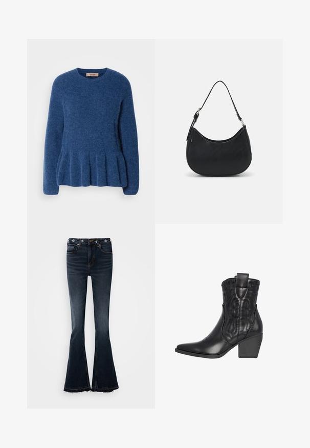 Blauwe gebreide trui met een ronde hals, lange mouwen en een uitlopende zoom. Gemaakt van zachte, gestructureerde stof met een casual ontwerp.; Donker denim flared jeans met een hoge taille, voorzien van decoratieve stiksels bij de tailleband en ongebouwen randen aan de zoom.; Zwarte leren cowboylaars met een spitse neus, geperste sterren- en bloemenpatronen, en een stevige hak voor stabiliteit. Voorzien van treklussen voor gemakkelijk aan- en uittrekken.; Zwarte hobo tas van soepel leer met een gebogen silhouet, voorzien van een enkele verstelbare schouderriem en minimalistische ontwerpdetails.