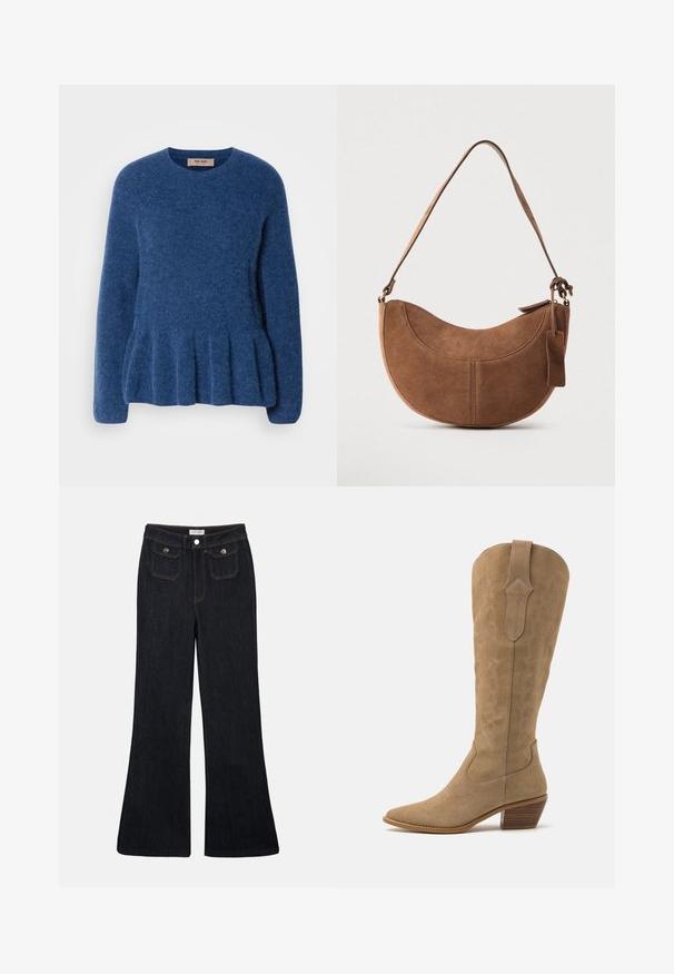 Blå strikket sweater med rund hals, lange ærmer og en udskåret kant. Fremstillet af blødt, tekstureret stof med et afslappet design.; Sorte denim jeans med høj talje, flared ben, to frontlommer og orange syninger. Materialet ser solidt og glat ud.; Tan ruskind cowboy støvler med spids tå, mellemhøj skaft og dekorativ syning langs siderne. Har en stablet træhæl.; Brun ruskinds håndtaske med en buet, halvmåneformet silhuet. Har en skulderrem, et lille mærke og synlige sømme langs kanterne.