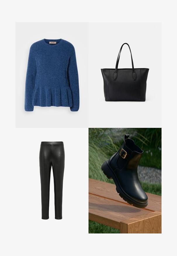 Blauer, gestrickter Pullover mit Rundhalsausschnitt, langen Ärmeln und ausgestelltem Saum. Hergestellt aus weichem, strukturiertem Stoff mit einem lässigen Design.; Schwarze Lederleggings mit einer taillierten Passform, glatter Textur und hoher Taille. Die Beine verjüngen sich bis zur Knöchellänge, ohne sichtbare Hardware.; Schwarze Leder-Ankle-Boots mit glänzender Oberfläche, goldener Schnalle und robuster Sohle. Erhöhte Position auf einer Holzoberfläche.; Schwarze Leder-Tote mit zwei stabilen Griffen, geprägt von einer glatten Textur, rechteckiger Form und dezenten Nähten entlang der Kanten.