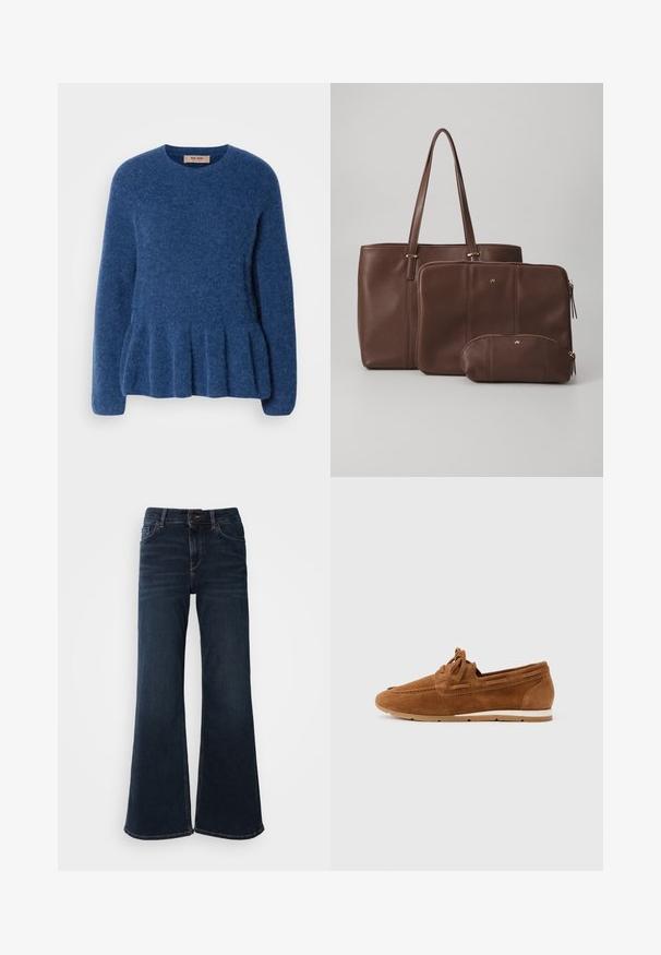 Jersey azul de punto con cuello redondo, mangas largas y dobladillo acampanado. Confeccionado con una suave tela texturizada y un diseño informal.; Mos Mosh HERA - Vaqueros a campana - dark blue; Mocasín de cuero ante marrón con detalle de cordones, suela de caucho blanca y beige, mostrado de perfil sobre un fondo claro y liso.; Bolso tote de cuero marrón con dos bolsitas a juego; el tote tiene asas largas, mientras que las bolsitas tienen cierre y tamaños variados. Incluye detalles en dorado.