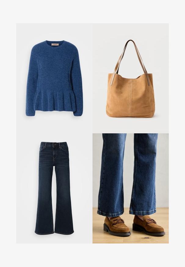 Jersey azul de punto con cuello redondo, mangas largas y dobladillo acampanado. Confeccionado con una suave tela texturizada y un diseño informal.; Mos Mosh HERA - Vaqueros a campana - dark blue; Mocasines de ante marrón con una tira decorativa, combinados con jeans de pierna ancha azules. Los jeans tienen un dobladillo deshilachado y están ligeramente desvaídos.; Bolso tote de ante color bronceado con largas asas de cuero marrón claro, textura suave y costuras sencillas sobre un fondo blanco liso.