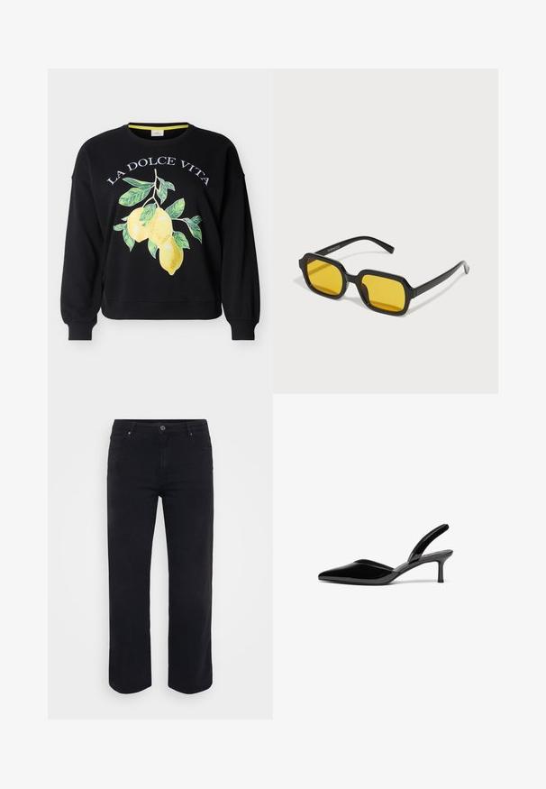Must meestepoolsed dressipluus kirjade "LA DOLCE VITA" ja kolme kollase sidruni ning roheliste lehtede graafikuga ees.; Mustad denim püksid sirge jala disainiga. Omadused: nööpidega vöökinnitus, vöökonksud ja esiküljel/tagumikul taskud. Sile tekstuur.; Mustad nahast slingback kontsad terava ninaga, madala stilettokontsa ja sõbraliku, lihtsa kujundusega ilma dekoratsioonideta.; Mustad mustad prillid kollaste läätsedega. Omadused hõlmavad paksu raami ja nurgelisi vorme, millel on sile ja läikiv viimistlus.