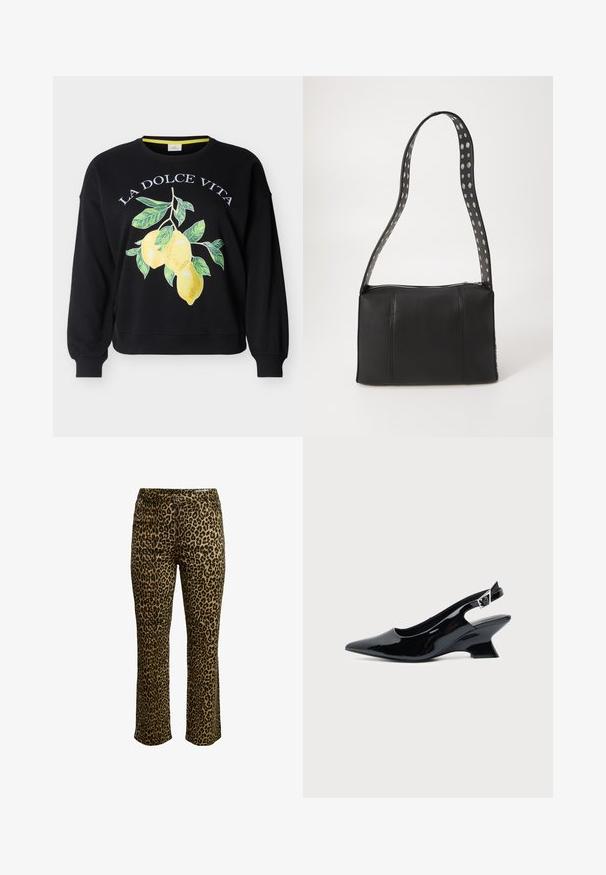 Sweatshirt noir à col ras du cou avec le texte "LA DOLCE VITA" et un graphisme de trois citrons jaunes avec des feuilles vertes sur le devant.; Pantalons imprimé léopard avec une coupe slim, fermeture à bouton et taille cousue avec un léger stretch pour le confort.; Chaussure slingback en cuir verni noir avec bout pointu et petit talon bloc incliné sur fond clair uni.; Sac à main en cuir noir de forme rectangulaire, doté d'une fermeture éclair et d'une bandoulière à pois. Texture lisse, détails de couture minimaux.