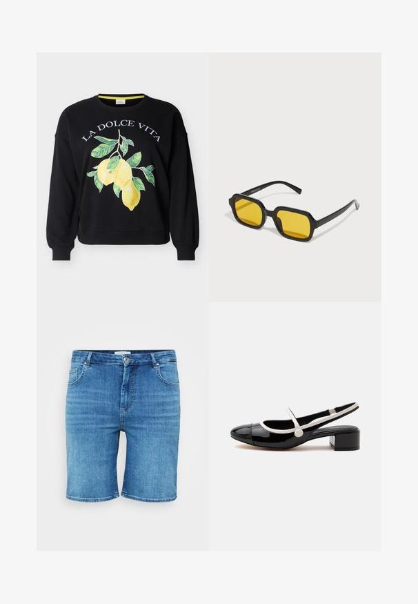 Sort crewneck-sweatshirt med teksten "LA DOLCE VITA" og en grafik af tre gule citroner med grønne blade på forsiden.; Denim shorts i mellemblå farve, med lige snit, fem-lomme design og knaplukning. Blød tekstur, rene kantede kanter.; Sort laklæders slingback-sko med hvid rem og kant, lav blokhælkappe og rund tå på hvid baggrund.; Sorte rektangulære solbriller med gule linser. Funktioner inkluderer tykke stel og kantet design med en glat, blank finish.
