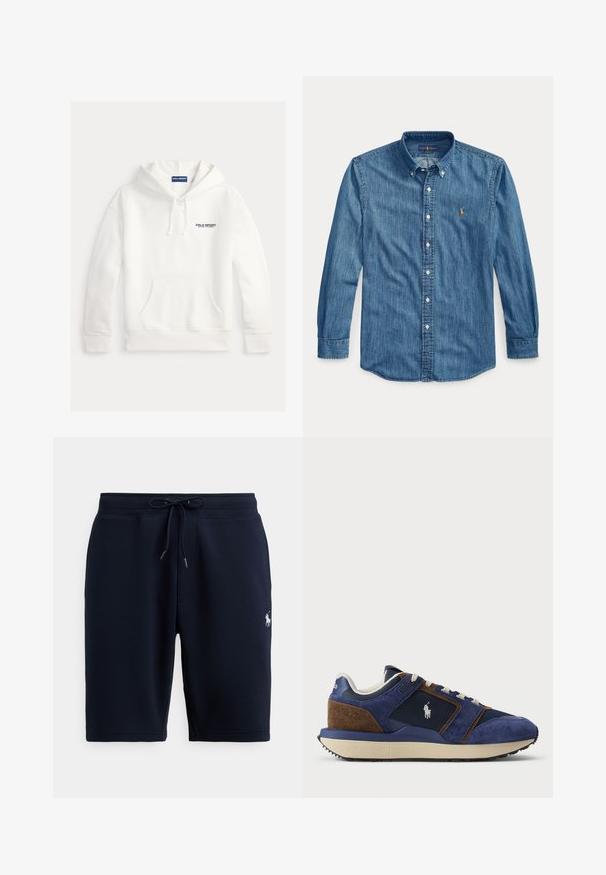 Weißer Hoodie aus Baumwollmischung mit Fronttasche, Kordelzugkapuze und "POLO SPORT"-Logo auf der linken Brust gestickt.; Langärmliges blaues Jeanshemd mit Kragen und kleinem besticktem Logo auf der linken Brustseite neben den Knöpfen.; Marineblaue Baumwoll-Sportshorts mit elastischem Bund, Kordelzug und Logo-Akzent auf der linken Seite. Glatte Textur, knielang.; Dunkelblauer Wildleder- und Mesh-Sneaker mit helleren Akzenten, beiger Gummisohle und weißen Schnürsenkeln; verfügt über ein Logo an der Seite.