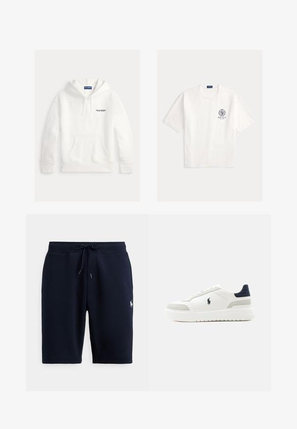 Hvid hættetrøje lavet af bomuldsblanding, med frontlomme, snøre i hætten og logoet "POLO SPORT" broderet på venstre bryst.; Hvid bomulds-T-shirt med rund hals, korte ærmer og et blåt emblem med teksten "Ralph Lauren New York" på venstre bryst.; Marineblå atletiske shorts i bomuld med elastisk taljebånd, snor og logoaccents på venstre side. Glat tekstur, knælang.; Hvid lav sneakers med sort hælflap, grå ruskindsdetaljer, tyk sål og sort Polo-logo på ydersiden.