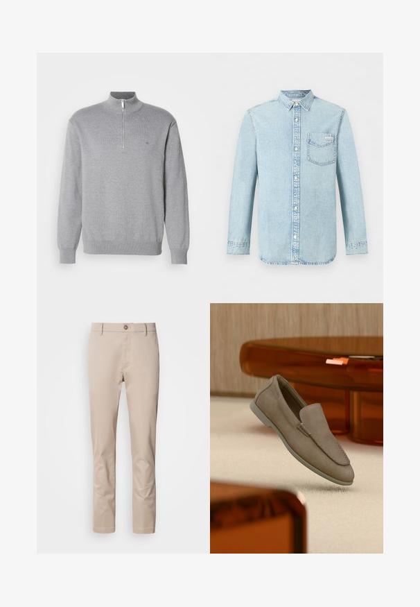 Grå zip-sweater med høj krave, lange ærmer og ribbede manchetter. Strikstof med en subtil tekstur og et lille logo på brystet.; Lyseblå denim-skjorte med lange ærmer, knaplukning foran, enkelt brystlomme med Calvin Klein-logo og spids krave.; Beige bomulds chinos med lige pasform, bæltestropper, en enkelt frontknap og en glat, utextureret overflade. Ingen lommer er synlige.; Beige ruskind slip-on loafer med synlige syninger og lys sål, placeret over cremefarvet tæppe med orange gennemsigtigt møbel i baggrunden.