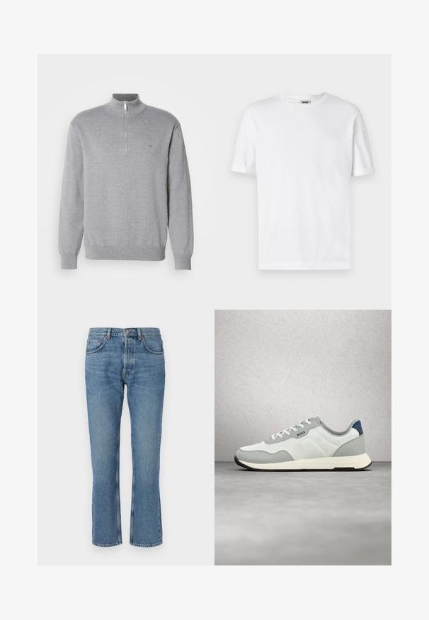 Sweat à zip gris avec un col haut, des manches longues et des poignets côtelés. Tissu tricoté avec une texture subtile et un petit logo sur la poitrine.; T-shirt en coton blanc avec un col rond, des manches courtes et des revers roulés ; design sobre, texture douce et coupe droite.; Jeans en denim bleu clair avec une coupe droite, design à cinq poches et surpiqûres contrastées. Le tissu a une texture douce et un léger délavage.; Baskets BOSS blanches et grises avec lacets, semelle texturée et languette de talon bleue, flottant au-dessus d'un sol en béton gris près de blocs de verre.