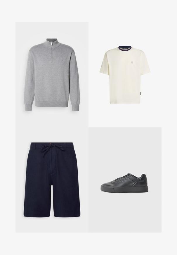 Sweat à zip gris avec un col haut, des manches longues et des poignets côtelés. Tissu tricoté avec une texture subtile et un petit logo sur la poitrine.; T-shirt en coton crème avec col rond, orné d'un col rayé bleu marine, rouge et blanc, et un petit logo sur la poitrine.; Shorts bleu marine en tissu léger, dotés d'une taille à cordon de serrage, d'une fermeture à bouton et de poches latérales. Texture lisse et coupe ajustée.; Baskets en cuir noir avec un bout arrondi, semelle en caoutchouc plate et couture contrastante. Présente un logo sur le côté et un design à lacets.