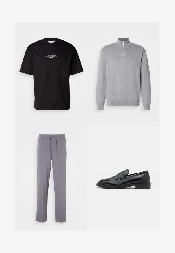 Sudadera gris con cremallera y cuello alto, de mangas largas y puños acanalados. Tejido de punto con una sutil textura y un pequeño logo en el pecho.; Camiseta de algodón negra con cuello redondo, mangas cortas y logotipo blanco "Calvin Klein JEANS" en el frente. Diseño simple y de corte recto.; Pantalones grises, elásticos, con frente plano, cinturilla elástica y cordón, que presentan piernas rectas y una textura suave.; Mocasines de cuero negro con un acabado suave, que presentan una punta redondeada y una banda estrecha en la parte superior. Tacón bajo apilado.