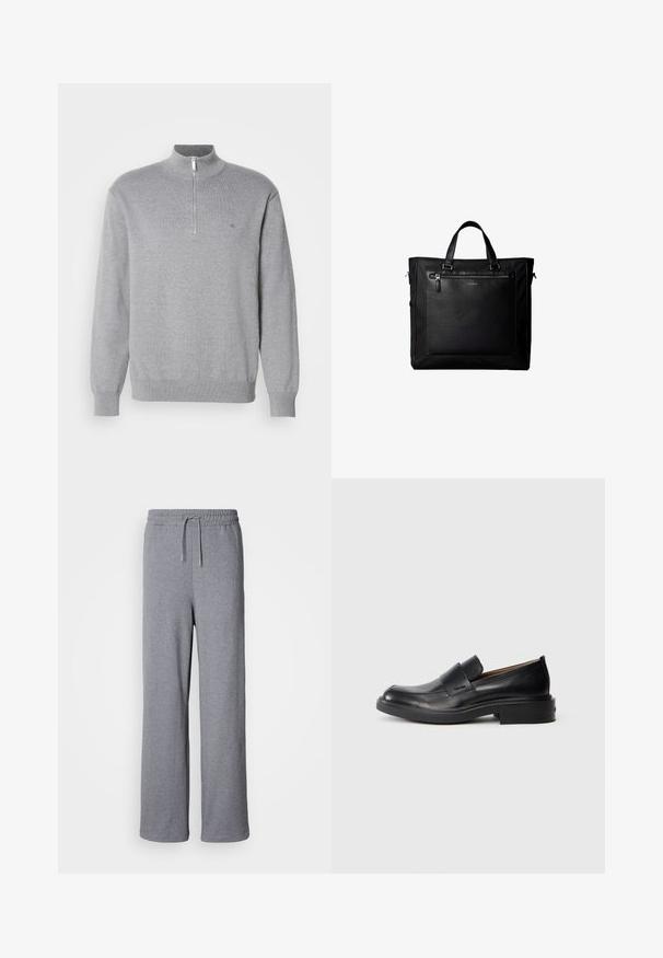 Grå zip-sweater med høj krave, lange ærmer og ribbede manchetter. Strikstof med en subtil tekstur og et lille logo på brystet.; Grå, brede sweatpants lavet af blødt materiale; har en elastisk talje med snøre og ingen lommer. Enkelt, udekoreret design.; Sorte læder slip-on dress sko med lav hæl og subtil Calvin Klein logo på siden, vist i profil på en hvid baggrund.; Sort taske med dobbelte håndtag, stor læderlomme foran med lynlås og diskret Calvin Klein-logo midt på lommen.
