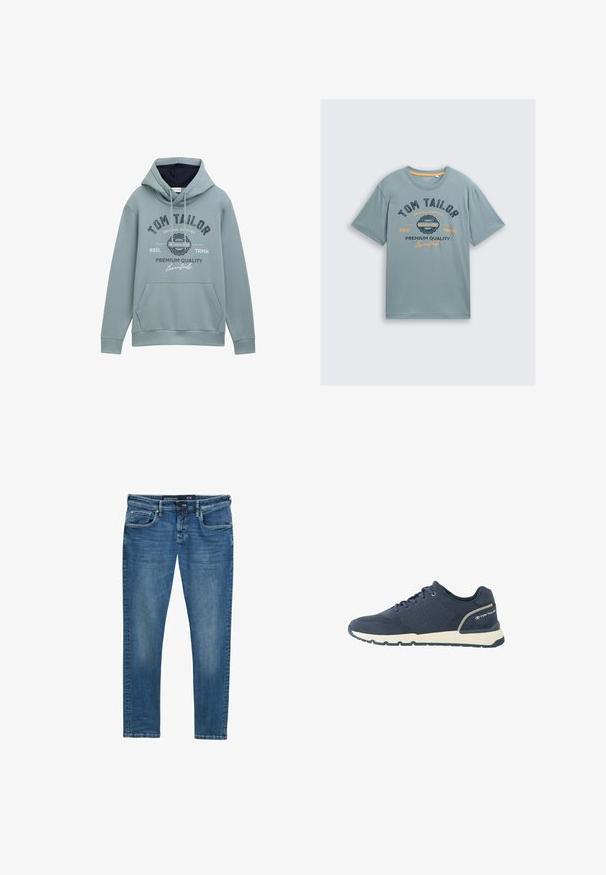 Lichtblauwe hoodie van zacht materiaal met een voorkrui pocket, verstelbare trekkoordcapuchon en bedrukte logotekst in marineblauw en wit.; Lichtblauwe katoenen t-shirt met korte mouwen. Bevat donkerblauw en oranje grafische tekst: "TOM TAILOR" en "PREMIUM QUALITY." Eenvoudige ronde halslijn.; Blauwe spijkerbroek met een rechte pijp, vijf zakken, subtiele wassing op de bovenbenen en een taillebandlabel dat maat 31/32 aangeeft.; Marineblauwe sportschoen met mesh bovenwerk, witte zool, zwarte loopzool en "Tom Tailor" logo op de hielkap.