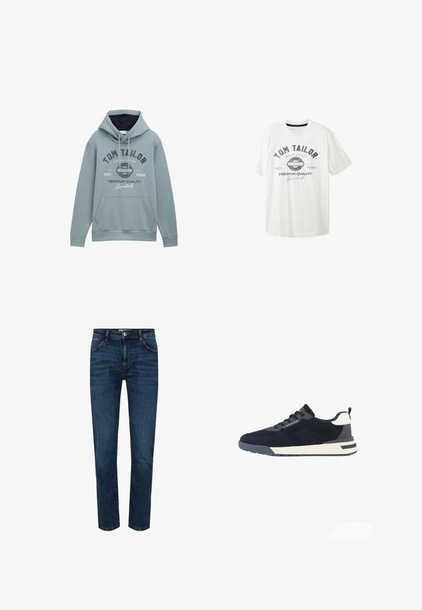 Hellblaues Kapuzenpullover aus weichem Material mit einer frontalen Tasche, verstellbarem Kordelzug an der Kapuze und bedrucktem Logo-Text in marineblau und weiß.; Weißes Baumwoll-T-Shirt mit Rundhalsausschnitt, kurzen Ärmeln und einem Frontgrafikdruck in Schwarz und Blau mit dem Markennamen "Tom Tailor."; Dunkelblaue Denim-Jeans mit geradem Schnitt, Fünf-Pocket-Design und Druckknopfverschluss. Verstärkte Nähte an den Nähten und ein leichter Verblassungseffekt.; Dunkelblauer und grauer Mesh-Sneaker mit weißen Akzenten, Schnürverschluss, seitlichem Markenlogo und einer gepolsterten weißen und grauen Sohle.