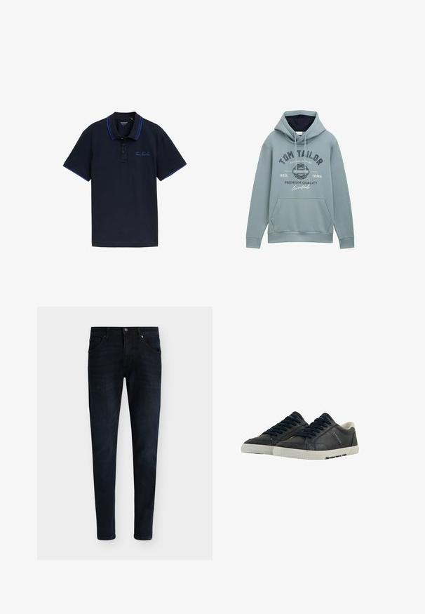 Hellblaues Kapuzenpullover aus weichem Material mit einer frontalen Tasche, verstellbarem Kordelzug an der Kapuze und bedrucktem Logo-Text in marineblau und weiß.; Marineblaues Poloshirt mit einer Zwei-Knopf-Leiste, kontrastierenden blauen Kragen- und Ärmeldetails sowie gesticktem "Tom Tailor"-Logo auf der Brust.; Dunkelblaue Slim-Fit-Jeans mit vorderen und hinteren Taschen, Knopfverschluss und sichtbaren Nähten, dargestellt auf einem schlichten hellen Hintergrund.; Marineblaue Leder-Sneaker mit weißen Gummisohlen, runder Spitze und schwarzen Schnürsenkeln. Subtile Texturen und Branding an den Seiten. Lässiges Design.