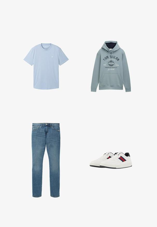 Hellblaues Kapuzenpullover aus weichem Material mit einer frontalen Tasche, verstellbarem Kordelzug an der Kapuze und bedrucktem Logo-Text in marineblau und weiß.; Hellblaues T-Shirt mit kurzen Ärmeln aus weichem Stoff, mit einem runden Ausschnitt und einem kleinen Logo auf der linken Brustseite. Einfache Textur.; Helle blaue Denim-Jeans im Straight-Leg-Design, im Five-Pocket-Stil, mit dezentem Verblassen und kontrastierenden Nähten entlang der Säume.; TOM TAILOR Sneaker low - white navy