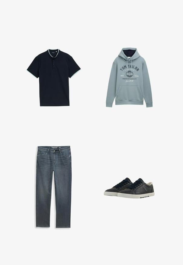 Hellblaues Kapuzenpullover aus weichem Material mit einer frontalen Tasche, verstellbarem Kordelzug an der Kapuze und bedrucktem Logo-Text in marineblau und weiß.; Marineblaues Poloshirt aus strukturiertem Stoff, mit Stehkragen, drei Knöpfen und hellblauen Akzenten am Kragen und den Ärmeln.; Dunkelgraue Relaxed-Fit-Jeans mit Reißverschluss, Fünf-Taschen-Design und dezentem Verblassen. Hergestellt aus Denim mit glatter Textur.; Marineblaue Leder-Sneaker mit weißen Gummisohlen, runder Spitze und schwarzen Schnürsenkeln. Subtile Texturen und Branding an den Seiten. Lässiges Design.