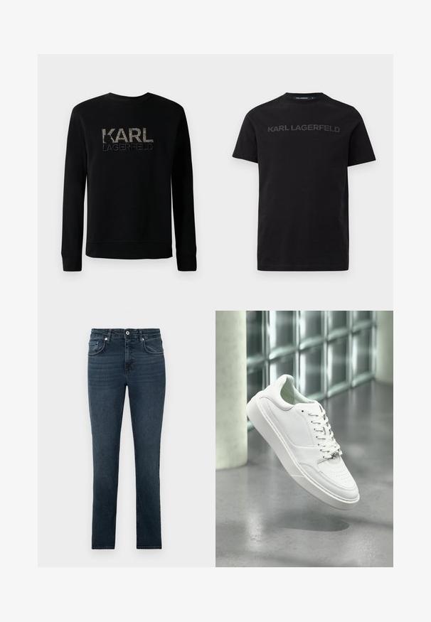 Mustan pitkähihainen collegepaita, jossa on tekstuurilla brodeerattu "KARL LAGERFELD" -logo rinnassa ja yksinkertainen pyöreä pääntie.; Musta puuvillapaita lyhyillä hihoilla, jossa on kohotettu "KARL LAGERFELD" logo edessä. Pyöreä kaula-aukko sileällä pinnalla.; Tummansinisiä slim-fit-farkkuja etutaskuilla, napilla ja vyölenkeillä, esiteltyinä yksinkertaista vaaleaa taustaa vasten.; Valkoinen nahkainen tennari pyöreällä kärjellä, nauhallisella edessä ja tasaisella kumipohjalla. Siinä on rei'itetyt yksityiskohdat ja hillitty logokoriste.