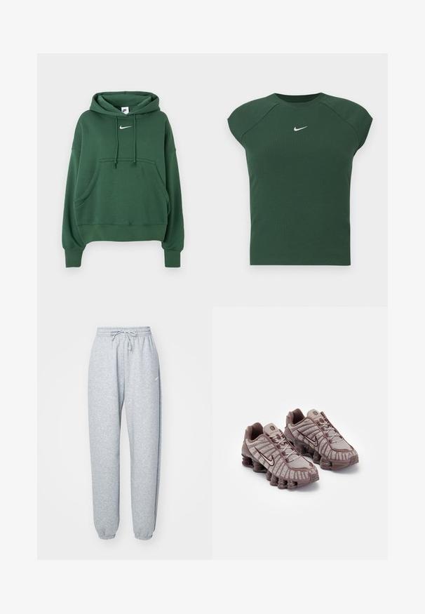 Mørkegrøn Nike hoodie med frontlomme, snøre i hætten og hvidt Nike swoosh-logo på brystet.; Mørkegrøn ribbet kortærmet atletisk top med rund hals, der har et lille hvidt Nike swoosh-logo på brystet.; Lysgrå sweatpants lavet af blød bomuldsblanding, med elastisk talje og snoretræk, tapered ben og ribbede manchetter. Minimal brandingdetalje.; Nike Sportswear SHOX TL - Sneakers - pumice/night maroon/plum eclipse
