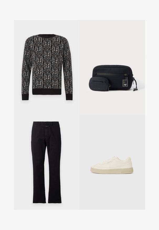 Sort strikket sweater med gentaget gråt mønster af bogstaver og former, med rund halsudskæring og ribbede manchetter og kant.; Sorte bomuldsbukser med lige ben, forreste knaplukning og to sidelommer; glat tekstur uden synlige mønstre.; Hvide kanvas sneakers med en tekstureret gummisål, der har en syet tåhætte og logoaccent på hælen. Simpel snørebåndsdesign.; To sorte stofposer med lynlås: den ene er rektangulær med en lynlåslomme foran og et logoetiket, den anden er lille og ovalformet med præget branding.