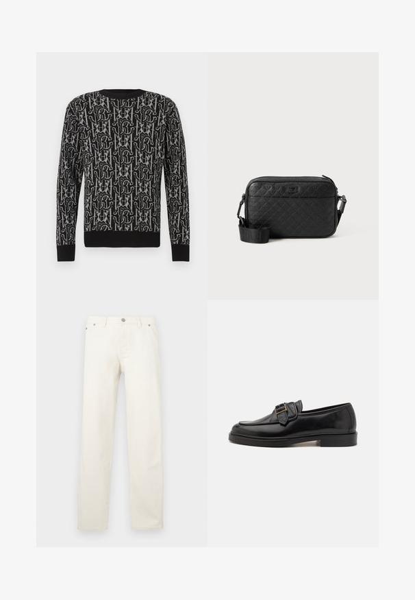 Pull en maille noire avec un motif répétitif gris composé de lettres et de formes, doté d'un col rond et de poignets et ourlet côtelés.; Jean blanc à jambe droite en denim, doté d'une braguette à boutons, de passants pour ceinture et de cinq poches. Le tissu présente une texture lisse.; Mocassins en cuir noir avec un bout arrondi et une boucle décorative. Talon plat, solide et texture lisse sur l'ensemble.; Sac bandoulière noir texturé avec motif géométrique en relief et bandoulière réglable avec logo de la marque.