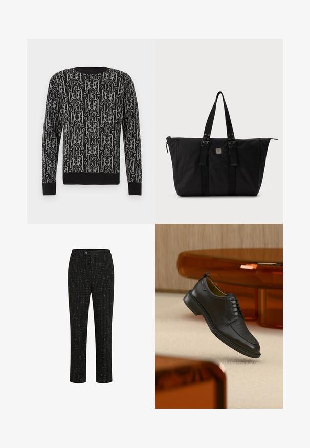 Sort strikket sweater med gentaget gråt mønster af bogstaver og former, med rund halsudskæring og ribbede manchetter og kant.; Sorte skræddersyede bukser med et tekstureret mønster af tynde hvide lodrette linjer, en lige pasform og en knaplukning i taljen.; Sort lædersko med snørebånd og tekstureret front, svævende over beige tæppe i et moderne rum med møbler i ravfarvet toning.; Sort stor skuldertaske med to håndtag, frontspænder og en lille firkantet metal logoplade, vist mod en ensfarvet lys baggrund.