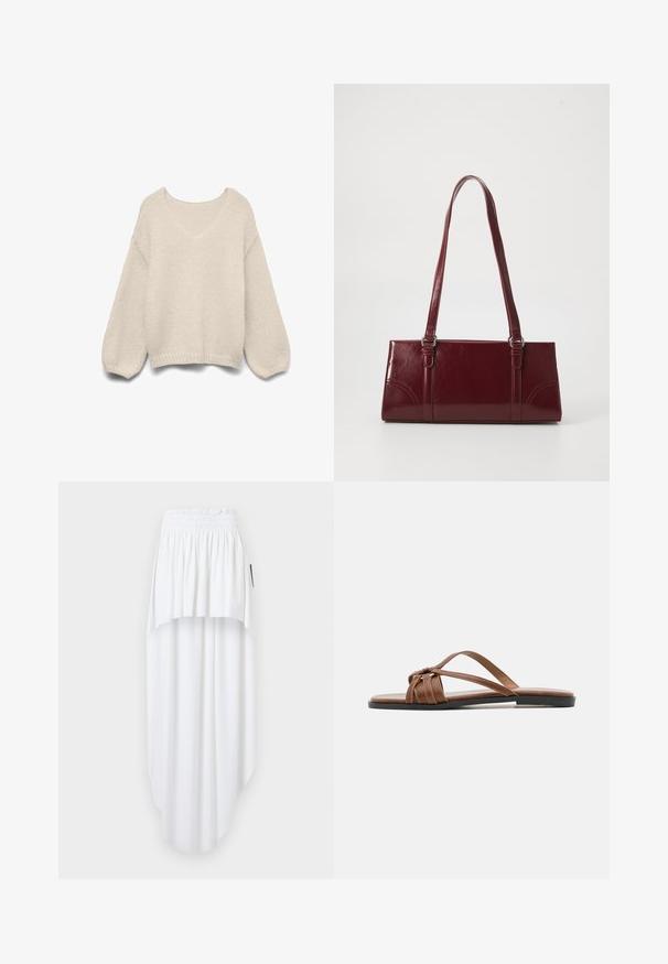Pull tricoté couleur crème avec un col en V, des manches ballon longues et un ourlet et des poignets côtelés, présenté sur un fond blanc.; Jupe blanche taille haute avec ceinture élastique, design en couches et ourlet asymétrique, présentée sur un fond gris clair.; Sandales en cuir marron avec semelle plate, dotées de plusieurs bandes entrecroisées et d'un nœud décoratif au niveau du pied pour un maintien sécurisé.; Sac à main bordeaux en matériau brillant, de forme rectangulaire, avec deux anses et des accents légèrement courbés à l'avant.