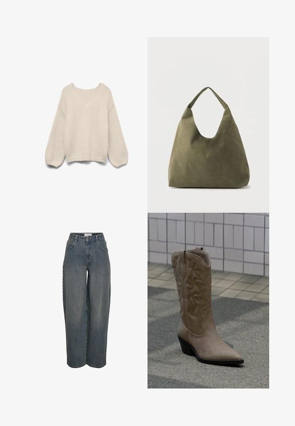 Cremefarbener, gestrickter Pullover mit V-Ausschnitt, langen Puffärmeln und geripptem Saum und Bündchen, auf weißem Hintergrund dargestellt.; Gerade geschnittene Jeans in Dunkelblau, aus texturiertem Baumwollstoff gefertigt. Mit Fronttaschen und einem Reißverschluss mit Knopfverschluss.; Hoher Cowboy-Stiefel aus beigem Wildleder mit dekorativer Naht und Nietenakzenten, ausgestattet mit spitzer Spitze und schrägem schwarzem Absatz auf Asphalt.; Weiche Schultertasche aus olivgrünem Leder mit einem breiten, einzelnen Träger und einer entspannten, unstrukturierten Form auf hellem Hintergrund.