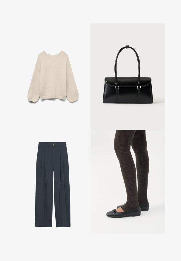 Pull tricoté couleur crème avec un col en V, des manches ballon longues et un ourlet et des poignets côtelés, présenté sur un fond blanc.; Pantalons larges en tissu texturé gris foncé, avec des plis avant, une fermeture à bouton et des poches latérales pour plus de fonctionnalité.; Jambes portant des leggings côtelés foncés associés à des ballerines noires avec de petits détails en nœud sur fond blanc.; Sac à main rectangulaire en cuir noir avec fermeture à rabat et deux longues anses sur fond blanc uni.