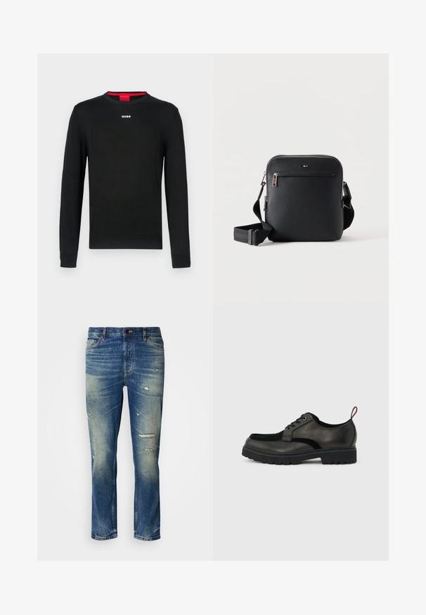 Schwarzer Pullover mit langen Ärmeln, Rundhalsausschnitt, gerippten Bündchen und Saum. Mit kleinem weißem "HUGO"-Logo mittig auf der Brust.; Hellblaue Jeans aus Denim mit lässiger Passform, die abgenutzte Details, verblasste Stellen und einen klassischen Knopf- und Reißverschluss aufweisen.; Schwarzer Leder-Schnürschuh mit dicker, profillierter Sohle und rotem Fersenzuglasche, seitlich auf einem hellgrauen Hintergrund dargestellt.; Schwarze Leder-Umhängetasche mit vorderer Reißverschlusstasche und verstellbarem Riemen auf weißem einfarbigem Hintergrund.
