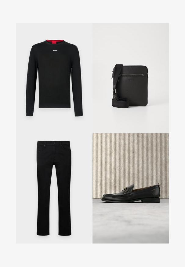 Pull noir à manches longues avec encolure ronde, poignets et ourlet côtelés. Comprend un petit logo blanc "HUGO" centré sur la poitrine.; Jean noir en denim, avec une coupe droite, cinq poches et des motifs de texture subtils sur le tissu.; Mocassin en cuir noir avec mors en métal doré et logo "HUGO", présenté sur un tapis beige et un meuble translucide marron.; Sac à bandoulière en cuir noir avec une surface texturée, poche avant zippée et une sangle en tissu réglable. Design simple et carré.
