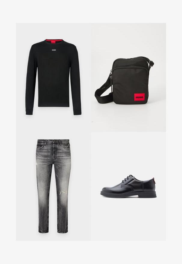 Pull noir à manches longues avec encolure ronde, poignets et ourlet côtelés. Comprend un petit logo blanc "HUGO" centré sur la poitrine.; Jean en denim noir décoloré avec une coupe droite, présentant des zones effilochées, des poches avant et une fermeture à bouton classique.; Chaussures en cuir noir à lacets avec une texture lisse, un bout arrondi et des détails de couture discrets. Présentent une languette rouge à l'arrière.; Sac en nylon noir à bandoulière avec un patch logo rectangulaire rouge, des compartiments zippés, une sangle ajustable et une surface texturée.