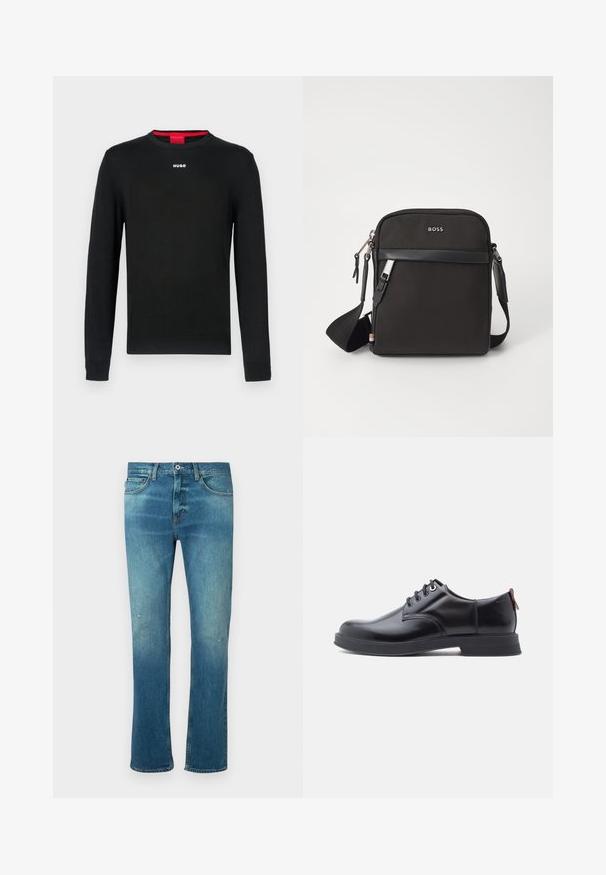 Schwarzer Pullover mit langen Ärmeln, Rundhalsausschnitt, gerippten Bündchen und Saum. Mit kleinem weißem "HUGO"-Logo mittig auf der Brust.; Blaue Jeans aus Denim mit geradem Schnitt, ausgestattet mit einem leichten Verwaschungseffekt, leichten Abnutzungen an den Knien und klassischem Fünf-Taschen-Design.; Schwarze Leder-Schnürschuhe mit glatter Textur, rundem Zehenbereich und dezenten Ziernähten. Mit einem roten Laschenband an der Ferse.; Schwarze Umhängetasche aus strukturiertem Stoff, mit Logo auf der Vorderseite, Reißverschluss und verstellbarem Tragegurt. Verfügt über eine glatte Lederbesatz.