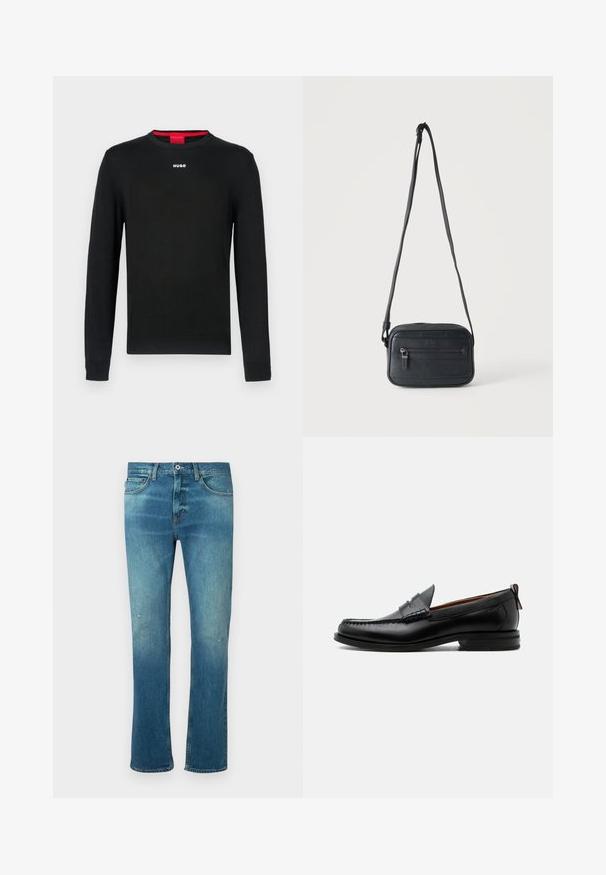 Schwarzer Pullover mit langen Ärmeln, Rundhalsausschnitt, gerippten Bündchen und Saum. Mit kleinem weißem "HUGO"-Logo mittig auf der Brust.; Blaue Jeans aus Denim mit geradem Schnitt, ausgestattet mit einem leichten Verwaschungseffekt, leichten Abnutzungen an den Knien und klassischem Fünf-Taschen-Design.; Schwarzer Leder-Herrenschuh mit Mokassinnaht, Penny-Riemen, strukturiertem Kragen und niedrigem gestapeltem Absatz auf weißem Hintergrund.; Schwarze Umhängetasche mit vorderer Reißverschlusstasche, strukturierter Oberfläche und verstellbarem Riemen, die vor einem schlichten hellen Hintergrund hängt.