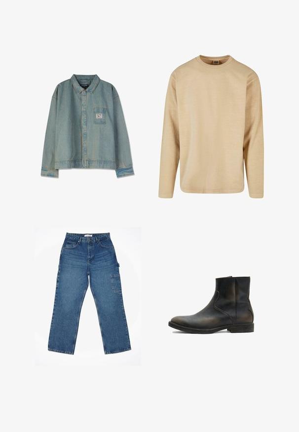 Beige langekool t-shirt van zachte stof, met een ronde hals, een relaxte pasvorm en minimale naden voor een strakke uitstraling.; Lichtblauwe spijkerjacket met een puntige kraag, lange mouwen, borstzak en zichtbare stiksels; relaxte pasvorm en versleten textuur.; Blauwe denim cargobroek met een rechte broekspijp, voor- en zijzakken en een klassieke tailleband. Materiaal lijkt textuur en duurzaam te zijn.; AllSaints LANG - Lage laarzen - brown