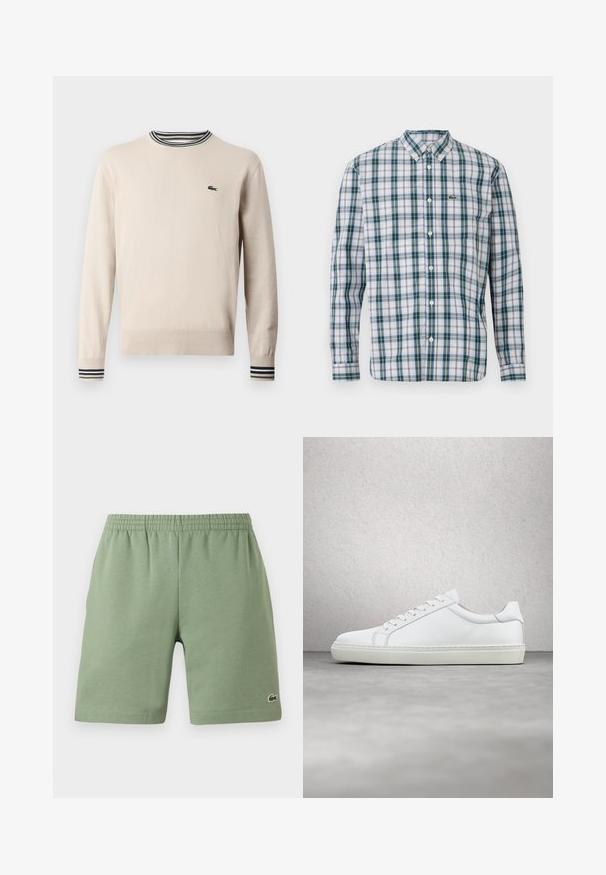 Beige trui van gebreide stof, met een ronde halslijn, geribbelde manchetten met zwarte en groene strepen, en een klein logo op de borst.; Overhemd met lange mouwen en knopen in een geruit patroon van groen, blauw en wit; heeft een kraag en een Lacoste-logo op de borst.; Groene katoenen shorts met een elastische tailleband, ontspannen pasvorm en een klein geborduurd logo aan de onderkant aan de linkerzijde. Gladde textuur, geen zakken.; Witte sneaker met een gladlederen bovenwerk en een laag profiel. Voorzien van een ronde neus, zes vetergaatjes en een gestructureerde rubberen zool.