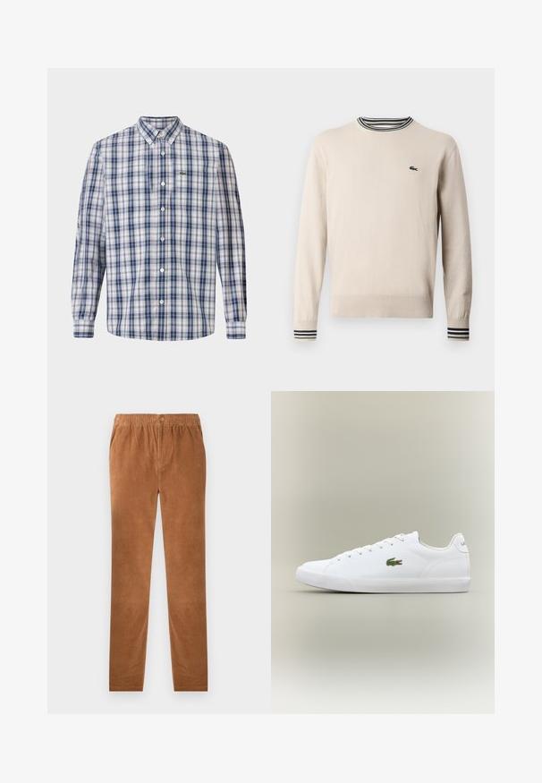 Beige trui van gebreide stof, met een ronde halslijn, geribbelde manchetten met zwarte en groene strepen, en een klein logo op de borst.; Geruite overhemde in blauw en wit, met een klassieke kraag, lange mouwen en een klein geborduurd logo op de borst.; Bruine corduroy broek met een elastische tailleband, voorzien van een knoopsluiting. Rechte pasvorm en zachte, gestructureerde stof.; Witte leren sneakers met een gestructureerde rubberen zool, voorzien van een groene geborduurde krokodillogo aan de zijkant en minimale branding.
